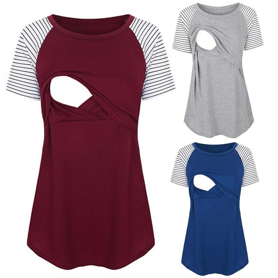 Bovxnpu Maternity Summer Clothes,Short Sleeve Maternity Tops,Maternity Shirts,Pregnant Breastfeeding Shirt,Womens Nursing Round Neck Stripe Breastfeeding Blouse