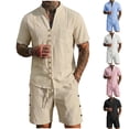 thumbnail image 1 of Bovxnpu Men 2 Piece Linen Set Beach Outfits Linen Men Short Sleeve Button Stand Collar Shirt Beach Set, 1 of 7