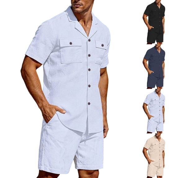 Bovxnpu Men 2 Piece Linen Set Beach Outfits Short Sleeve Men's Summer Plus Size Loungewear Pajama Set