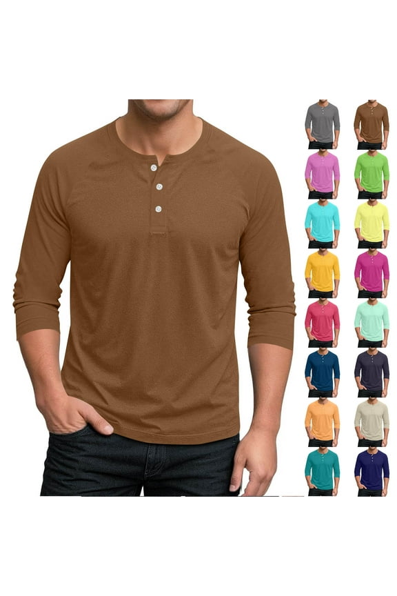 Men Long Sleeve Shirts Mens Undershirts Pullover Tee, Men's 3/4 Sleeve Stand Collar Button Cardigan With Pocket Solid Casual Shirt Tops