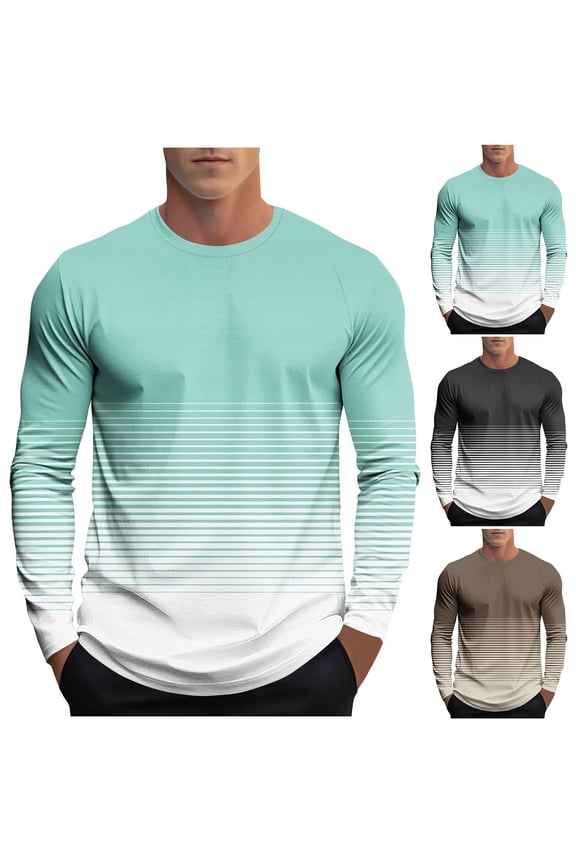 Men Long Sleeve Shirts Mens Undershirts Pullover Tee, Men's Long Sleeve Stripe Print Crew Neck Athletic T-Shirt Casual Performance Tops