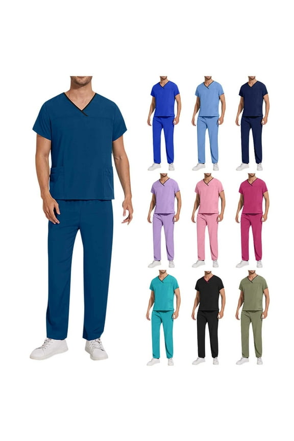 Men Scrubs Set Nurse Uniform Set Workwear Short Sleeve V-Neck Nurse Uniform Top & Elastic Pant Set
