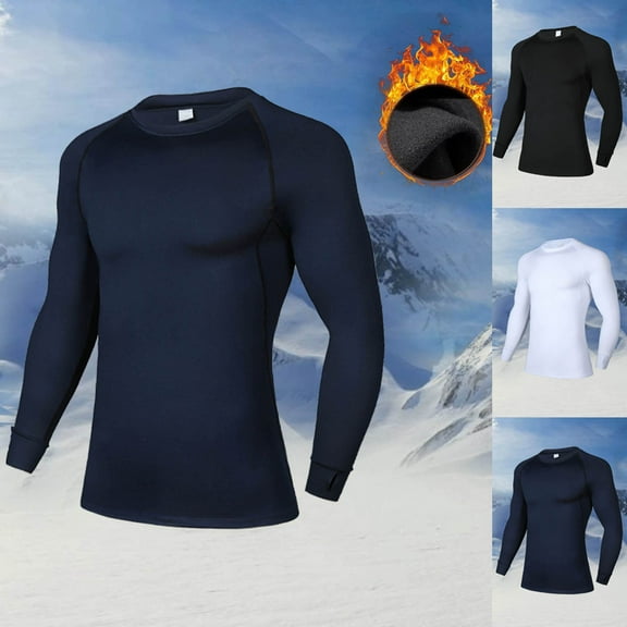 Bovxnpu Men Thermal Long Sleeve Shirts, Men's Long Sleeve Crew Neck Fleece Lined High Elastic Fitness Athletic Warm Tops