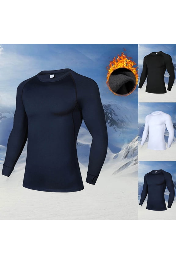 Men Thermal Long Sleeve Shirts, Men's Long Sleeve Crew Neck Fleece Lined High Elastic Fitness Athletic Warm Tops