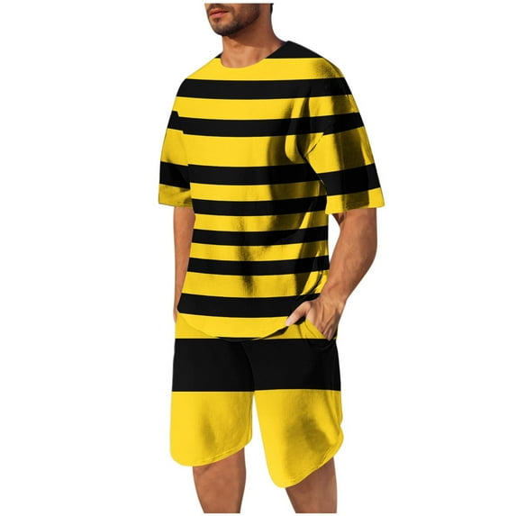 Bovxnpu Men's Short Sleeve Tracksuit Summer T Shirt Shorts Set Short Sleeve Crew Neck Stripe Print T-Shirt & Shorts Set