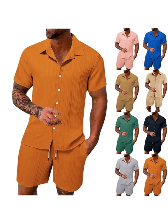 Men's Summer Beach Outfits 2 Piece Short Sleeve Shirts and Shorts Vacation Sets Short Sleeve Collared Button Shirt & Elastic Tie-Waist Short Set