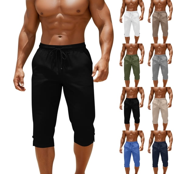 Bovxnpu Mens Capris Pants Beach Loungewear Pants Men Linen Cotton Pants Solid Elastic Waist Button Drawstring Mid Length Pants