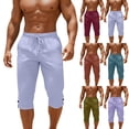 thumbnail image 1 of Bovxnpu Mens Capris Pants Beach Loungewear Pants Men Linen Cotton Pants Solid Elastic Waist Button Drawstring Mid Length Pants, 1 of 9