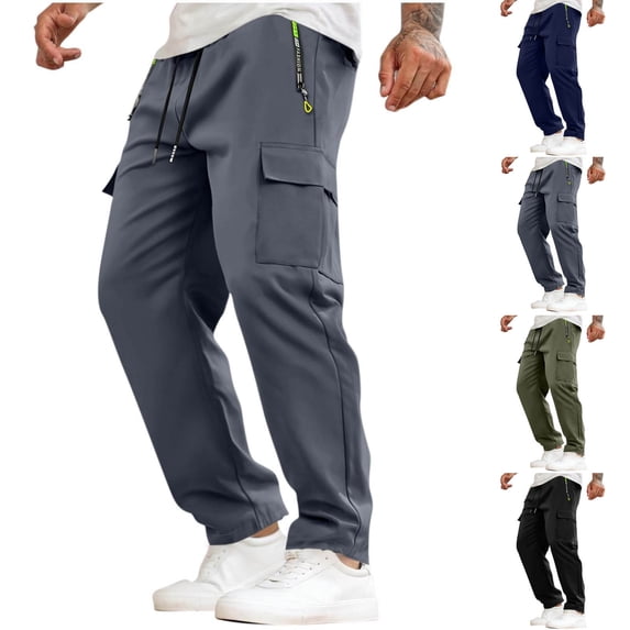 Bovxnpu Mens Cargo Hiking Pants Men's Fashion Solid Zipper Pocket Cargo Elastic Waist Drawstring Hiking Straight Pants
