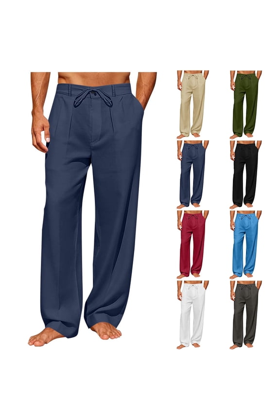 Mens Cotton Linen Pants Beach Work Loungewear Trousers Men Linen Look Pants Solid Straight Leg Button Zipper Drawstring Pants