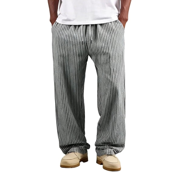 Bovxnpu Mens Cotton Linen Pants Beach Work Loungewear Trousers Men Striped Linen Pants Elastic Waist Drawstring Pockets Straight Leg Pants