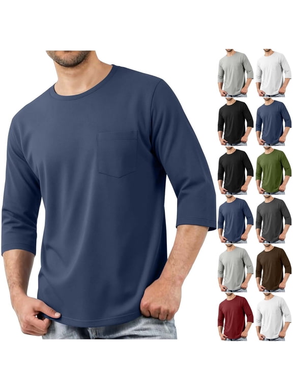 Mens Long Sleeve Shirts Casual T Shirts Pullover 3/4 Sleeve Crew Neck Pocket Base Layer Fall Tops
