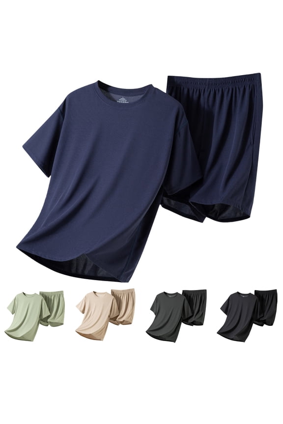 Mens Pajama Set Short Sleeve Tshirts Short Set 2 Piece Lounge Set Thin Cotton Short Sleeve Loose Soft Comfortable Breathable Sleepwear Loungewear