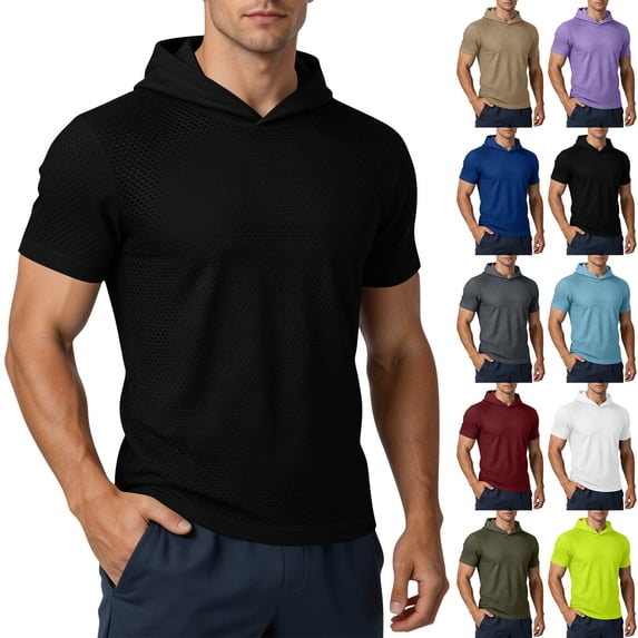 Bovxnpu Mens Short Sleeve T Shirts Men's Mesh Quickly Dry Breathable Hooded Athletic T-Shirt Tops