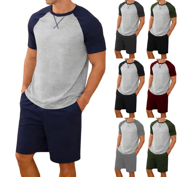 Bovxnpu Mens Summer 2 Piece Outfits Short Sleeve Shirt Pant Loungewear Short Sleeve Raglan Loungewear Pajama Short Set