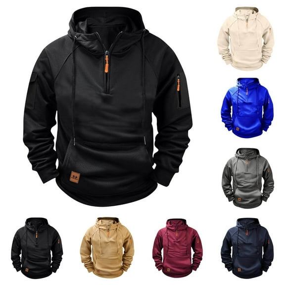Bovxnpu Mens Sweatshirts Long Sleeve Pullover Hoodie, Men's Long Sleeve Hooded Sweatshirt Raglan Sleeves Half Zip Multiple Pockets Pull On For Sports Casual Wear Tops