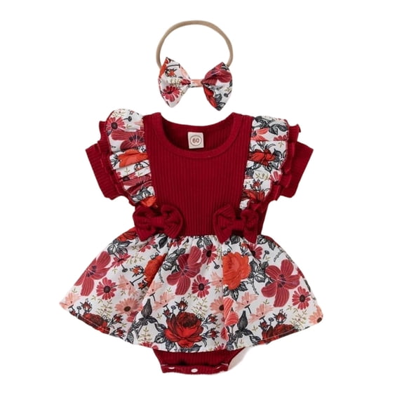 Bovxnpu Newborn Bodysuits Baby Print Romper Ruffle Sleeve Bow Knot Snap Closure Dress Infant Outfits