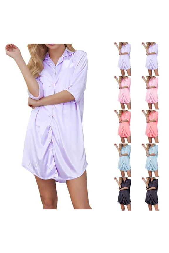 Nightgowns for Women Silk Satin Nightdress Button Down Sleep Shirt Ice Silk Short Sleeve Button-Front Lightweight Summer Short Sleepwear