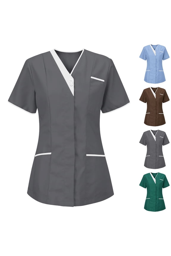 Nurses Uniform Tops scrubbing Tops Tunic Shirt Clinic Carer-Neck Protective Clothing Comfortable Cotton V Neck Summer Tops (Women's or Women's Plus)