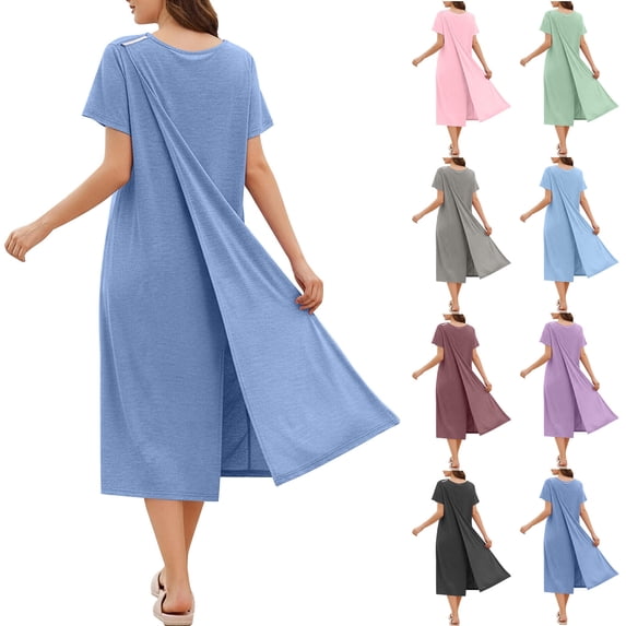 Bovxnpu Open Back Dress Short Sleeve Nightgowns Crew Neck Short Sleeve Back Opening Long Gown Sleepwear