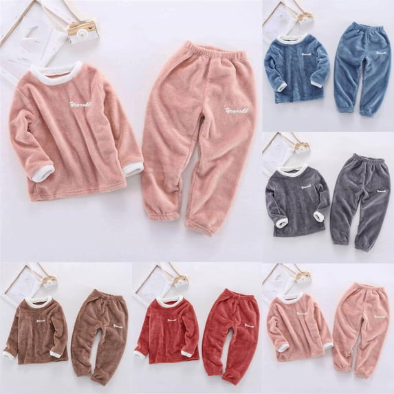 Bovxnpu Girls Sleepwear Set Long Sleeve Pants Set Unisex Fleece Warm Long Sleeve 2 Piece Set Sleepwear