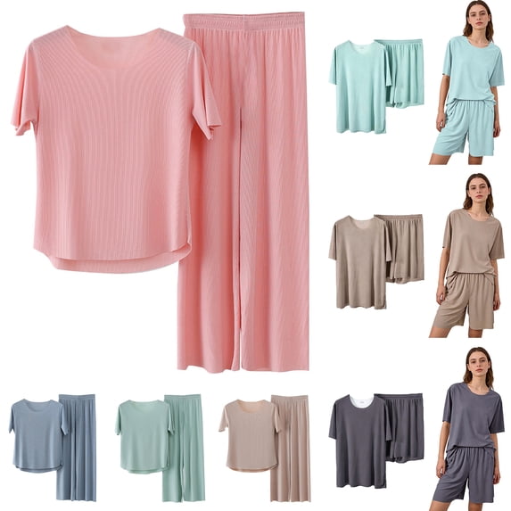 Bovxnpu Womens Pajamas Sets 2 Piece Lounge Set Loose Crew Neck Short Sleeve Tee and Shorts Set Pj Sets Loungewear Sleepwear