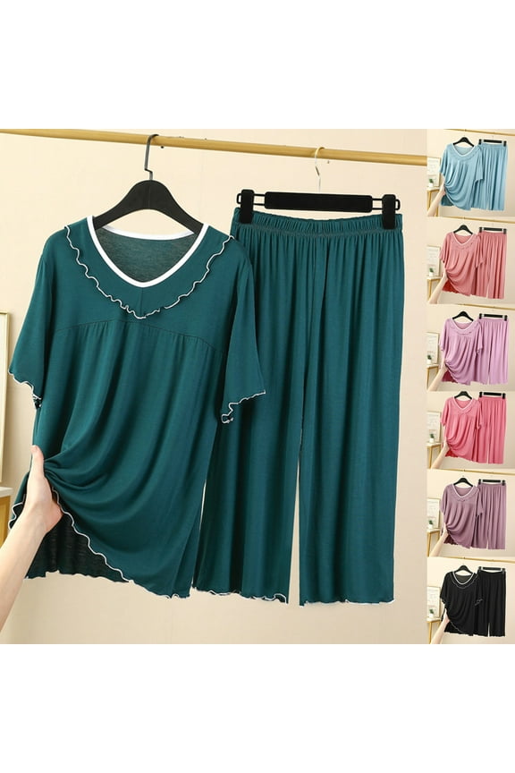 Pajamas Womens Short Sleeve Sleepwear Soft Loungewear,Women's Capris Large and Thin Casual Home Wear Two-piece Set