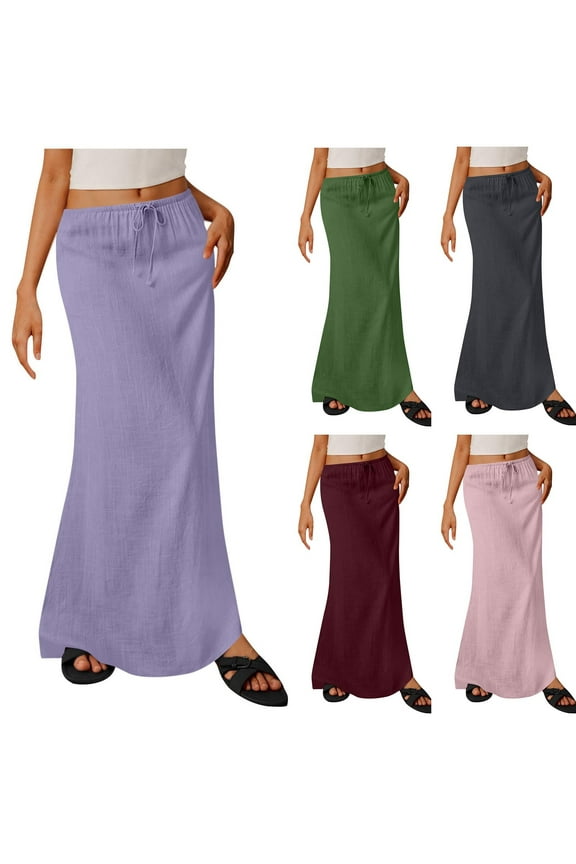 Plus Size Skirts For Women, Women Stretchy Flowy Long Maxi Skirts Cotton Linen Skirt With Pocket, Women Solid Color Elastic Waist Drawstring Long Skirt XL