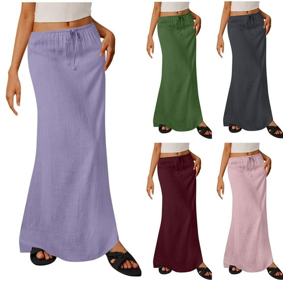 Bovxnpu Plus Size Skirts For Women, Women Stretchy Flowy Long Maxi Skirts Cotton Linen Skirt With Pocket, Women Solid Color Elastic Waist Drawstring Long Skirt XXL