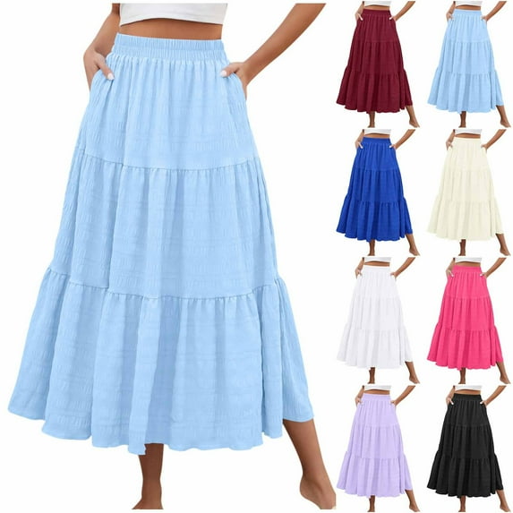 Bovxnpu Plus Size Skirts For Women, Women’s Summer Boho Flowy Tiered A-Line Maxi Skirt, Women Summer Long Skirt High Waist Flowing Skirt With Pockets L