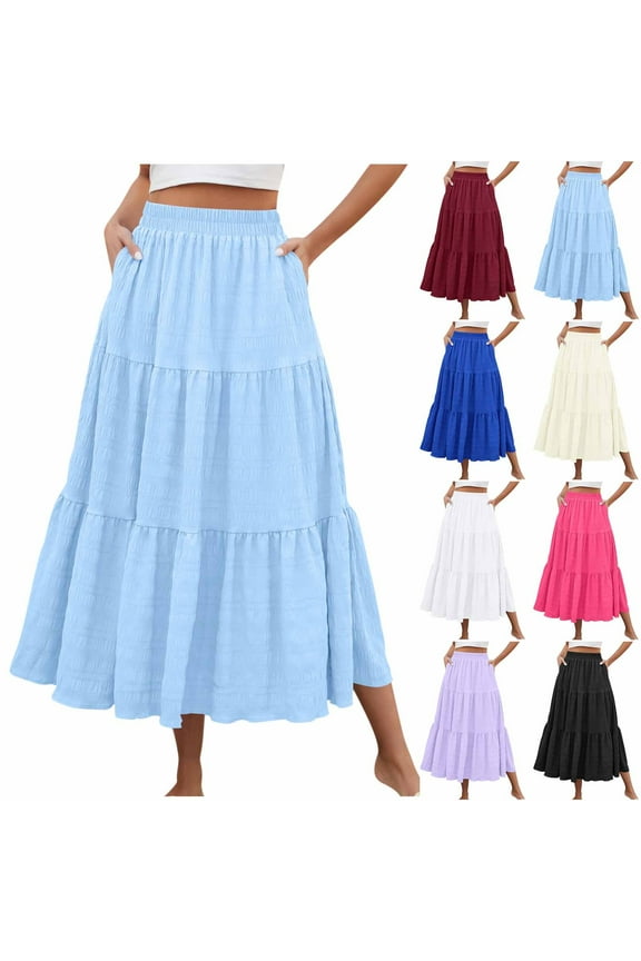 Plus Size Skirts For Women, Women’s Summer Boho Flowy Tiered A-Line Maxi Skirt, Women Summer Long Skirt High Waist Flowing Skirt With Pockets XL