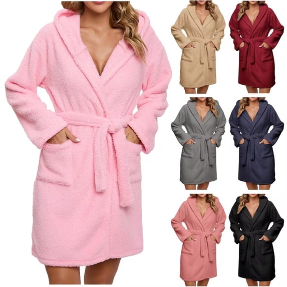 Bovxnpu Robes for Women, Women's Fleece Hooded Bathrobe Long Spa Robe Winter Nightgown Cardigan Home Clothes