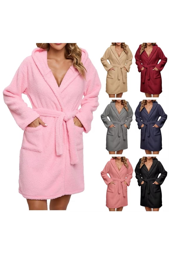 Robes for Women, Women's Fleece Hooded Bathrobe Long Spa Robe Winter Nightgown Cardigan Home Clothes