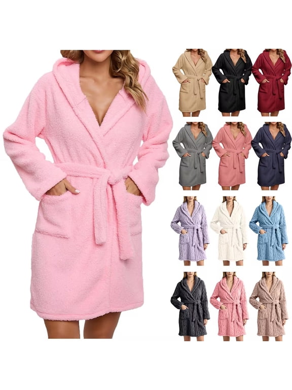 Robes for Women, Women's Fleece Hooded Bathrobe Long Spa Robe Winter Nightgown Cardigan Home Clothes