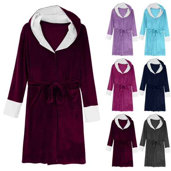 Bovxnpu Robes for Women, Women's Fleece Hooded Bathrobe Long Spa Robe Winter Nightgown Cardigan Women Winter Home Clothes