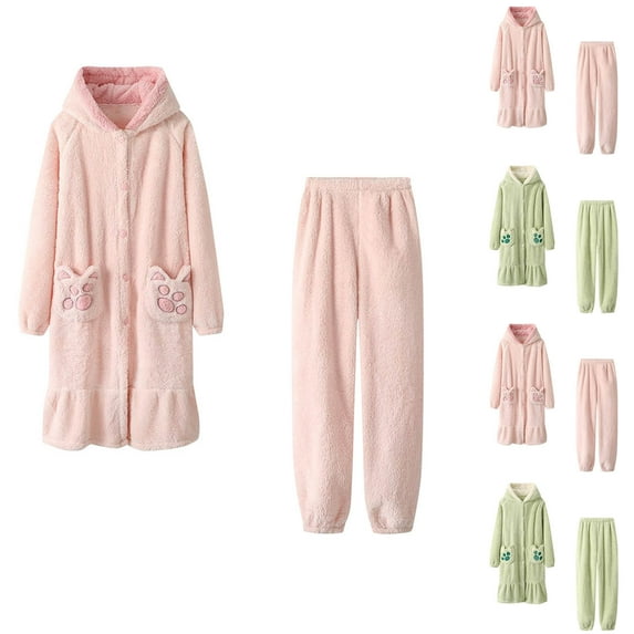 Bovxnpu Robes for Women, Women's Hooded Bathrobe Set Soft Bathrobe with Warm Pants Women Fleece Spa Robe Winter Home Clothes