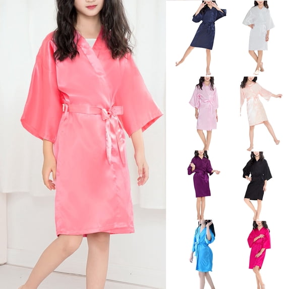 Bovxnpu Girl's Satin Robe Bathrobes for Spa Wedding Birthday Party 3/4 Sleeve Tied Waist Thin Open Front Robe Sleepwear