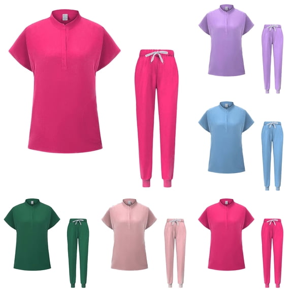 Bovxnpu Scrubs Set for Women Nurse Uniform Set Workwear Short Sleeve Crew Neck Caregiver Uniform Drawstring Pants Set