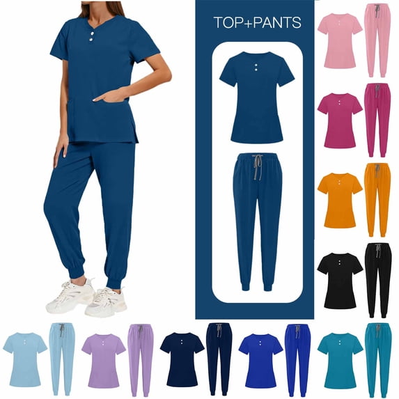 Bovxnpu Scrubs Set for Women Nurse Uniform Set Workwear Short Sleeve V-Neck Nurse Uniform Top & Drawstring Cuffed Pant Set