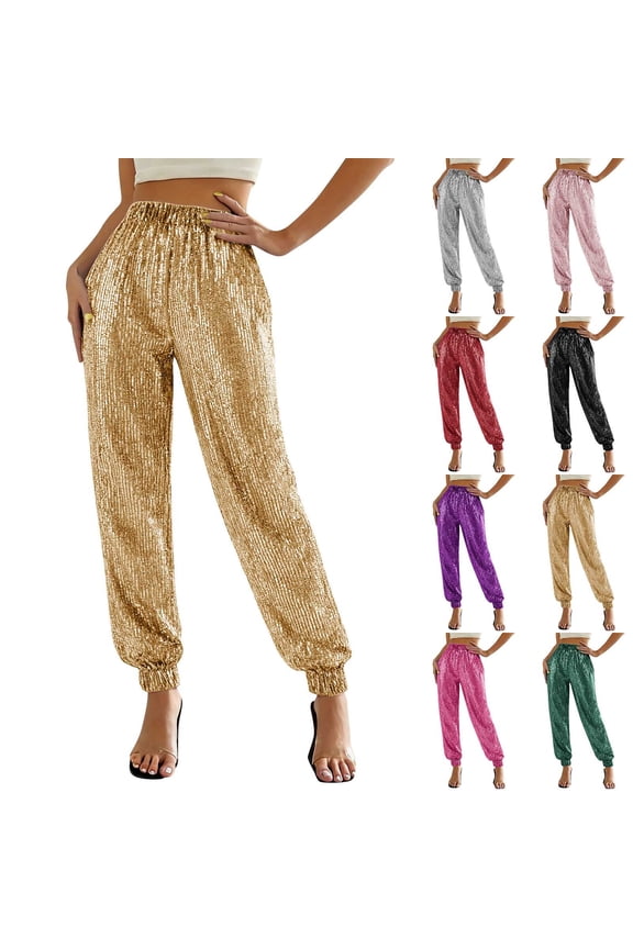 Sequin Glitter High Waist Jogger Pants for Women Sparkly Trouser Bling Leggings Womens Casual Pants Cuffed Ankle Elastic Waist Pull On Casual Trousers Soft Comfy
