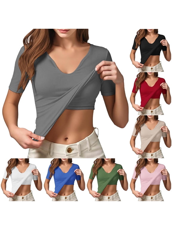Short Sleeve T Shirts with Built in Bra Summer Crop Tops Basic Gym Workout Clothes V Neck Sports Tank Top with Built-In Bra Summer Tops (Women's or Women's Plus)