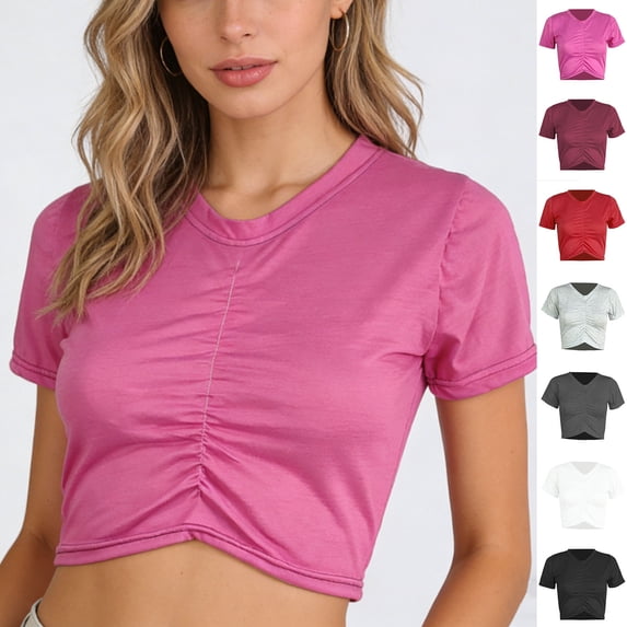 Bovxnpu Short Sleeve T Shirts Summer Crop Tops Basic Gym Workout Clothes Crew Neck Ruffled Cropped Casual T Shirt Soft Summer Tops (Women's or Women's Plus)