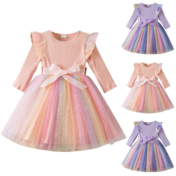 Bovxnpu Spring Girls Dresses, Girls Ruffle Sleeve Round Neck Princess Tulle Ruffle Fall Winter Dress Girls Midi Dress Sundress
