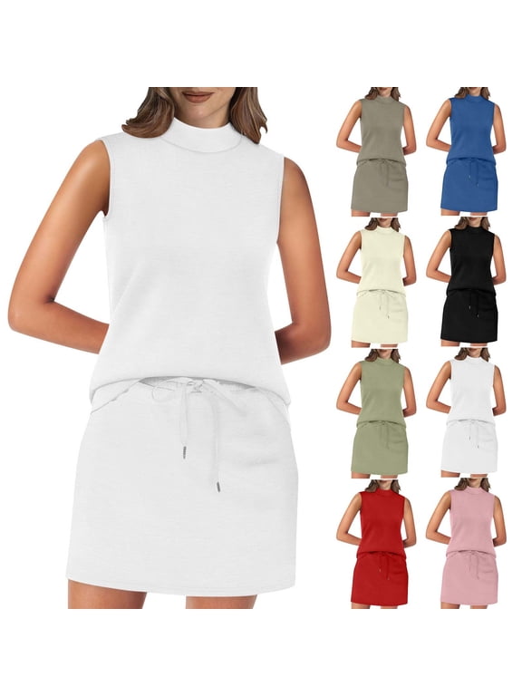 Summer 2 Piece Set for Women, Women 2 Piece Skirt Set Summer Beach Vacation Outfits Women Sleeveless Mock Neck Tops + Skirt Lounge Matching Set
