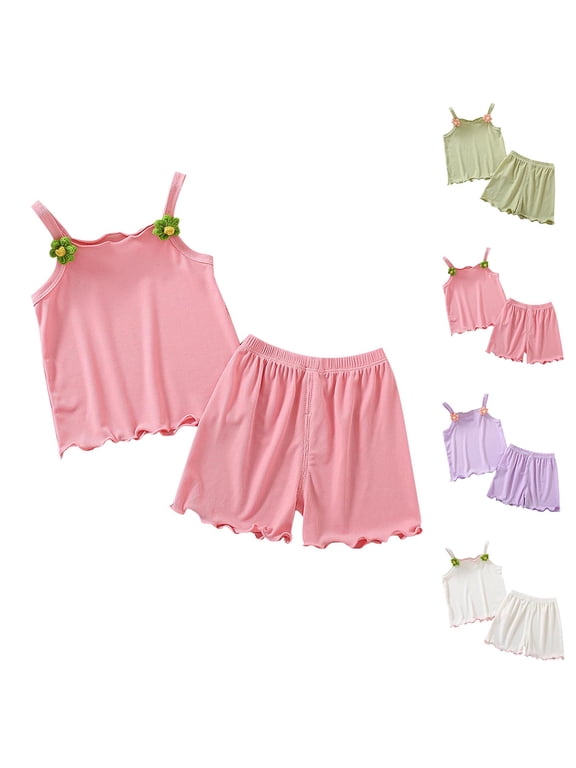 Summer Boys Girls 2 Piece Outfits, Toddler Girls Clothing Sets, Flower Baby Camisole Top+short Pants Ice Silk Sleeveless Two-piece Sets 2 Years