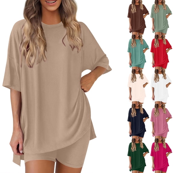 Bovxnpu Summer Casual Outfits For Women, 2 Piece Lounge Sets, Women's Summer Solid Color Round Neck Five Quarter Sleeved Top+shorts Pants Two-piece Set XXXXL