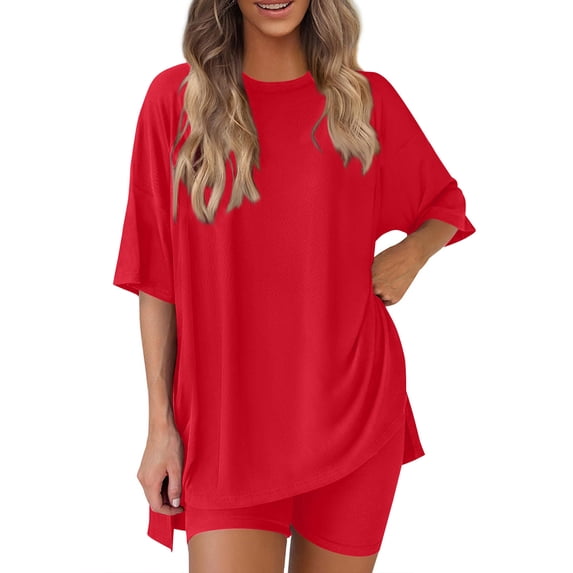 Bovxnpu Summer Casual Outfits For Women, 2 Piece Lounge Sets, Women's Summer Solid Color Round Neck Five Quarter Sleeved Top+shorts Pants Two-piece Set M
