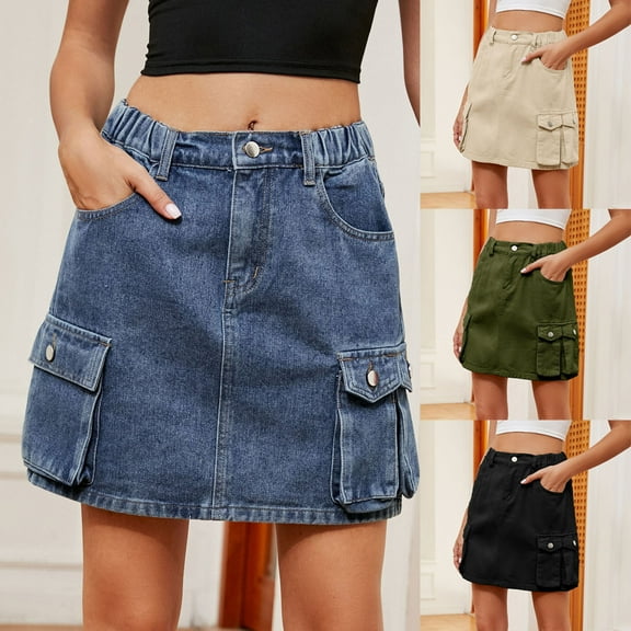 Bovxnpu Summer Denim Skirts for Women,Womens Cargo Skirt,Women's Elastic Waist Workwear Pocket Denim Short Skirt Half Skirt