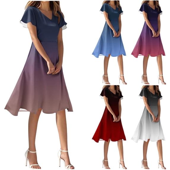 Bovxnpu Summer Dresses for Women, Short Sleeve T Shirt Casual Midi Dresses, Women's V-Neck Short Sleeve Printing Dresses Elegant Casual Comfortable All Occasio Dress