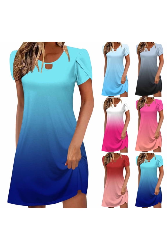 Summer Dresses for Women, Short Sleeve T Shirt Dress Casual Mini Dresses, Women Summer Casual Leaf Sleeves Hollow Neckline Dress Long Skirt